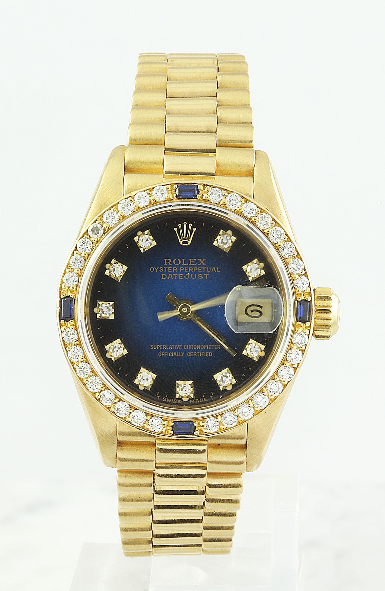 Authentic Rolex Oyster Perpetual Datejust 18K Yellow: Stamped: 750 Total Watch Weight: 68.4 Grams Face Measures: 25.70x25.70 Millimeter Diamond Quantity 32 SKU: [601158]