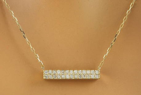 0.40 CTW Diamond 14K Yellow Gold Double Bar Necklace: 0.40 CTW Diamond 14K Yellow Gold Double Bar Necklace Manufacturer's Suggested Retail Price: $ 2100.00 Stamped: 14K Total Necklace Weight: 2 Grams Necklace Length: 16 Inches Diamond Weight: 0.40