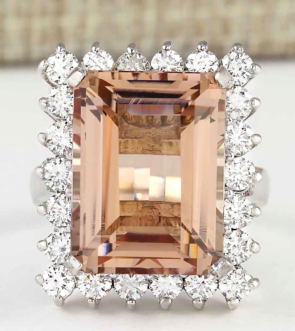 15.08 CTW Natural Morganite And Diamond Ring In 14k: 15.08 CTW Natural Morganite And Diamond Ring In 14k White Gold Manufacturer's Suggested Retail Price: $ 10500.00 Stamped: 14K Ring Size: 7 Total Ring Weight: 11 Grams Diamond Weight: Total Natural dia
