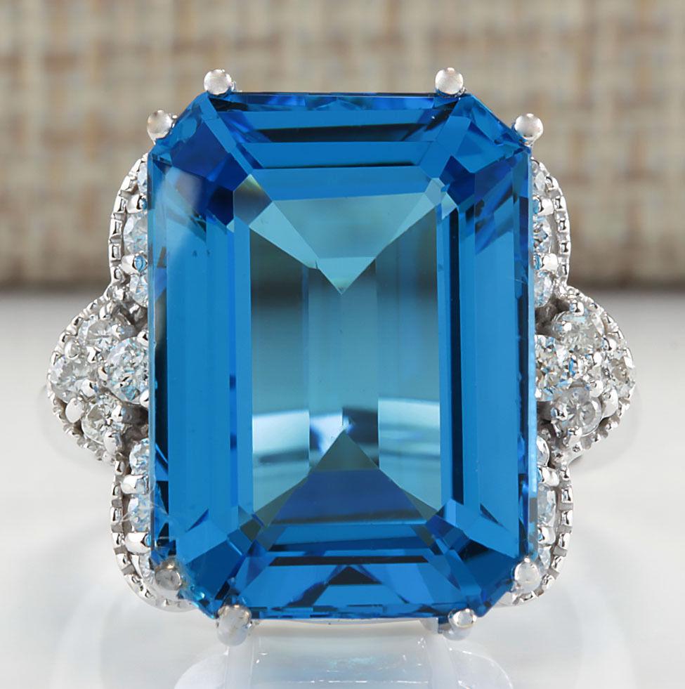 20.40 CTW Natural Blue Topaz And Diamond Ring In 14K: 20.40 CTW Natural Blue Topaz And Diamond Ring In 14K White Gold Manufacturer's Suggested Retail Price: $ 4300.00 Stamped: 14K Ring Size: 6.75 Total Ring Weight: 7.8 Grams Diamond Weight: Total Natural