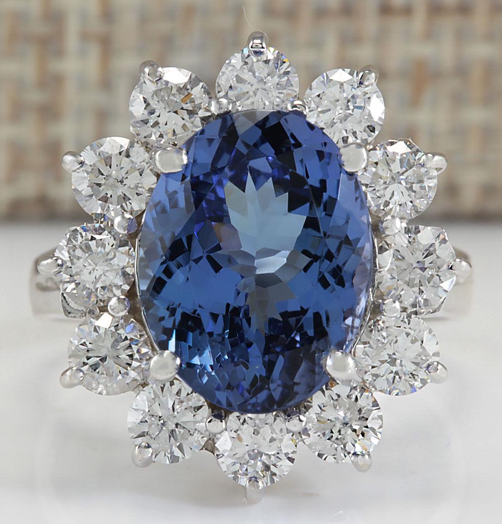 6.35 CTW Natural Blue Tanzanite And Diamond Ring In 18K: 6.35 CTW Natural Blue Tanzanite And Diamond Ring In 18K White Gold Manufacturer's Suggested Retail Price: $ 12000.00 Stamped: 18K Ring Size: 6 Total Ring Weight: 5 Grams Diamond Weight: Total Natural 