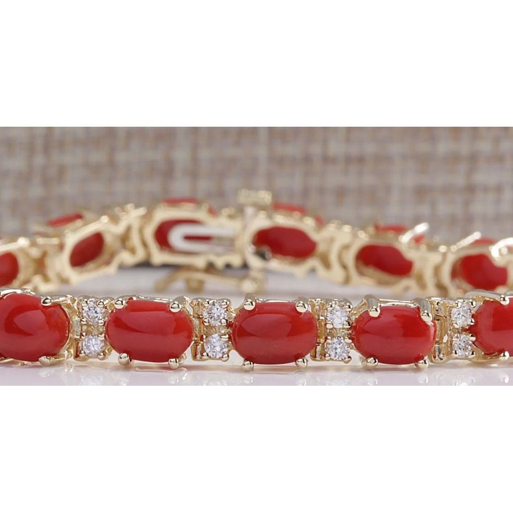 18.44CTW Natural Red Coral And Diamond Bracelet In 18K: 18.44CTW Natural Red Coral And Diamond Bracelet In 18K Solid Yellow Gold Manufacturer's Suggested Retail Price: $ 8550.00 Stamped: 18K Bracelet Width: 4.95mm Bracelet Length: 7.50 Inches Total Bracele