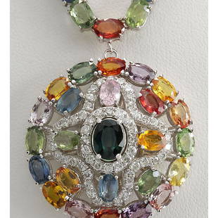 54.53 CTW Natural Ceylon Sapphire And Diamond Necklace In 14K White Gold: 54.53 CTW Natural Ceylon Sapphire And Diamond Necklace In 14K White Gold Manufacturer's Suggested Retail Price: $ 11000.00 Stamped: 14K Total Necklace Weight: 27.3Grams Diamond Weight: 