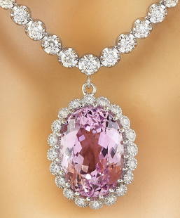 23.81 CTW Kunzite 18K White Gold Diamond Necklace: 23.81 CTW Kunzite 18K White Gold Diamond Necklace Manufacturer's Suggested Retail Price: $ 11500.00 Stamped: 18K Total Necklace Weight: 22.4 Grams Necklace Length: 16 Inches Kunzite Weight: