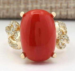 12.00 CTW Natural Coral And Diamond Ring In 18K Yellow Gold