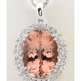 33.55 CTW Natural Morganite And Diamond Pendant In 14k Solid White Gold: 33.55 CTW Natural Morganite And Diamond Pendant In 14k Solid White Gold Manufacturer's Suggested Retail Price: $ 15300.00 Stamped: 14K Total Pendant Weight: 24.3Grams Diamond Weight: 