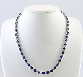 34.98 CTW Natural Sapphire And Diamond Necklace In 18K White Gold: 34.98 CTW Natural Sapphire And Diamond Necklace In 18K White Gold Manufacturer's Suggested Retail Price: $ 14300.00 Stamped: 18K Total Necklace Weight: 29Grams Diamond Weight: Total