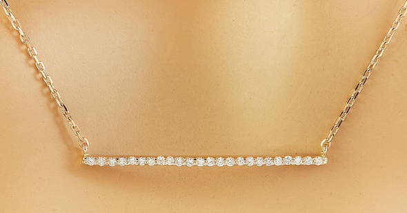 0.30 CTW Diamond 14K Rose Gold Bar Necklace: 0.30 CTW Diamond 14K Rose Gold Bar Necklace Manufacturer's Suggested Retail Price: $ 1900.00 Stamped: 14K Total Necklace Weight: 3.2 Grams Necklace Length: 15 Inches Diamond Weight: 0.30 Carat
