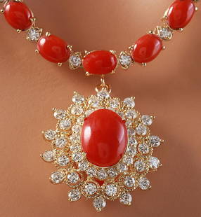 48.42 CTW Natural Red Coral And Diamond Necklace In 14K Yellow Gold: 48.42 CTW Natural Red Coral And Diamond Necklace In 14K Yellow Gold Manufacturer's Suggested Retail Price: $ 13000.00 Stamped: 14K Total Necklace Weight: 30Grams Diamond Weight: Total