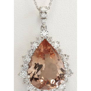 13.42 CTW Natural Morganite And Diamond Pendant In 14K Solid White Gold: 13.42 CTW Natural Morganite And Diamond Pendant In 14K Solid White Gold Manufacturer's Suggested Retail Price: $ 6900.00 Stamped: 14K Total Pendant Weight: 7.9Grams Diamond Weight: Total