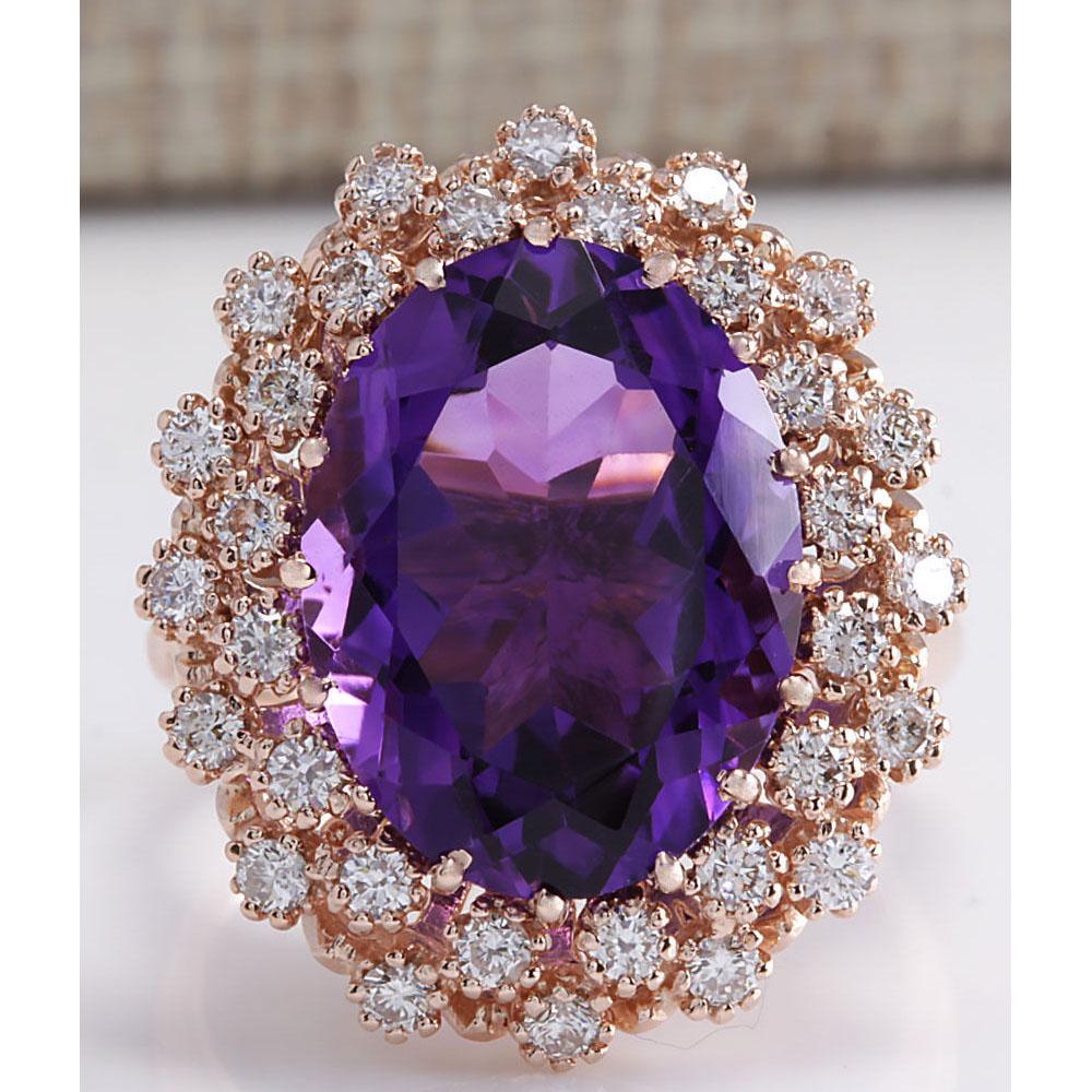 10.19 CTW Natural Amethyst And Diamond Ring In 18K Solid Rose Gold: 10.19 CTW Natural Amethyst And Diamond Ring In 18K Solid Rose Gold Manufacturer's Suggested Retail Price: $ 3900.00 Stamped: 18K Ring Size: 7 Total Ring Weight: 9.19 Grams Diamond Weight: Total Natura