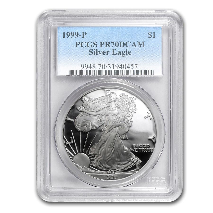 1999-P Proof American Silver Eagle PR-70 PCGS: 1999-P Proof American Silver Eagle PR-70 PCGS ----- Product ID: 55279 ----- Year: 1999 ----- Grade Service: PCGS ----- Denomination: $1.00 ----- Metal Content: 1 troy oz ----- Purity: .999 ----- Thick