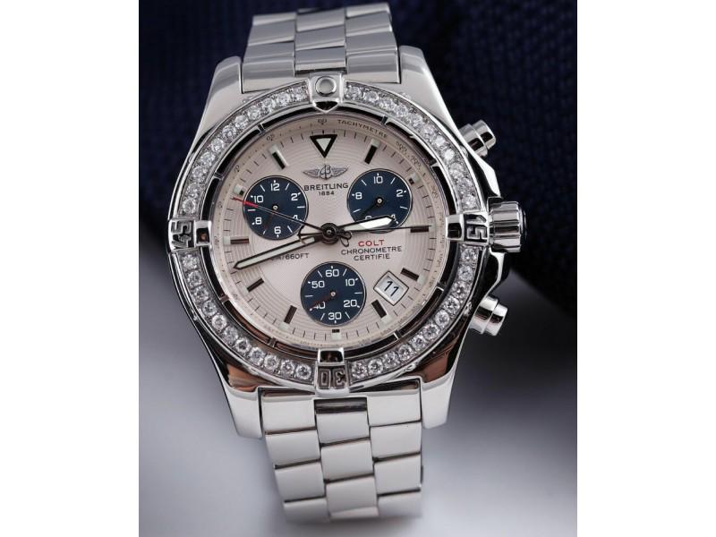 Breitling Chrono Colt Stainless Steel 41mm Watch Custom Set Diamond Bezel A73380: Breitling Chrono Colt Stainless Steel 41mm Watch Custom Set Diamond Bezel A73380 ----- Product Code: GGG1234-E21A8 ----- Brand: Breitling ----- Condition: Pre-Owned ----- Breitling Chrono Colt Stainle