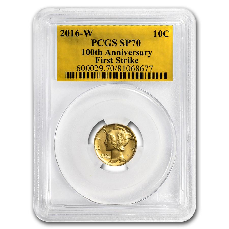 2016-W 1/10 oz Gold Mercury Dime SP-70 PCGS: 2016-W 1/10 oz Gold Mercury Dime SP-70 PCGS ----- Product ID: 170833 ----- Year: 2016 ----- Grade: SP - 70 ----- Grade Service: PCGS ----- Denomination: 10 Cents ----- Mint Mark: W - West Point -----