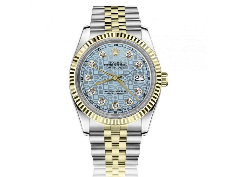 Rolex 36mm Datejust Discreet Jubilee Design Ice Blue Dial with Diamond Accent Fluted Gold Bezel: Rolex 36mm Datejust Discreet Jubilee Design Ice Blue Dial with Diamond Accent Fluted Gold Bezel ----- Product Code: 90001-E21A8 ----- Brand: Rolex ----- Condition: Pre-Owned ----- Rolex 36mm Datejust