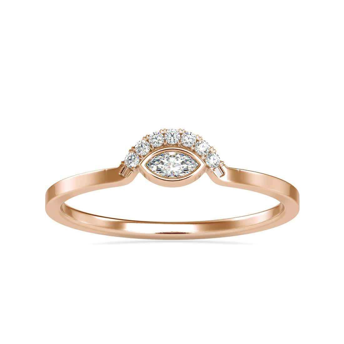Natural 0.08 CT Diamond Ring 18K Rose Gold: Stamped: 18K Total Ring Weight: 1.4 Grams Diamond Weight: 0.03 Carat (F-G Color, VS2-SI1 Clarity) 1.1 Millimeters Diamond Weight: 0.05 Carat (F-G Color, VS2-SI1 Clarity) 4.0x2.0 Millimeters Diamond Qu