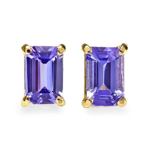 Natural Tanzanite Earrings 14K Yellow Gold: Product Type: Earrings Gender: Ladies Country of Origin: US Setting Type: Prong Main Gemstone name: Tanzanite Main Gemstone color: Blue Main Gemstone shape: Emerald Main Gemstone creation