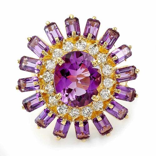 Natural Amethyst & Diamond Ring 18K Yellow Gold: Product Type: Ring Size: 7 Sizing lower range: 4 Sizing upper range: 12 Gender: Ladies Country of Origin: US Setting Type: Prong Main Gemstone name: Amethyst Main Gemstone color: