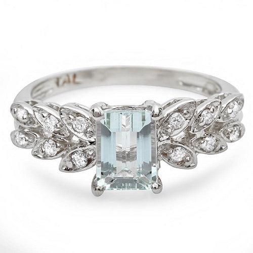 Natural Aquamarine & Diamond Ring 18K White Gold: Product Type: Ring Size: 7 Sizing lower range: 4 Sizing upper range: 12 Gender: Ladies Country of Origin: US Setting Type: Prong Main Gemstone name: Aquamarine Main Gemstone colo