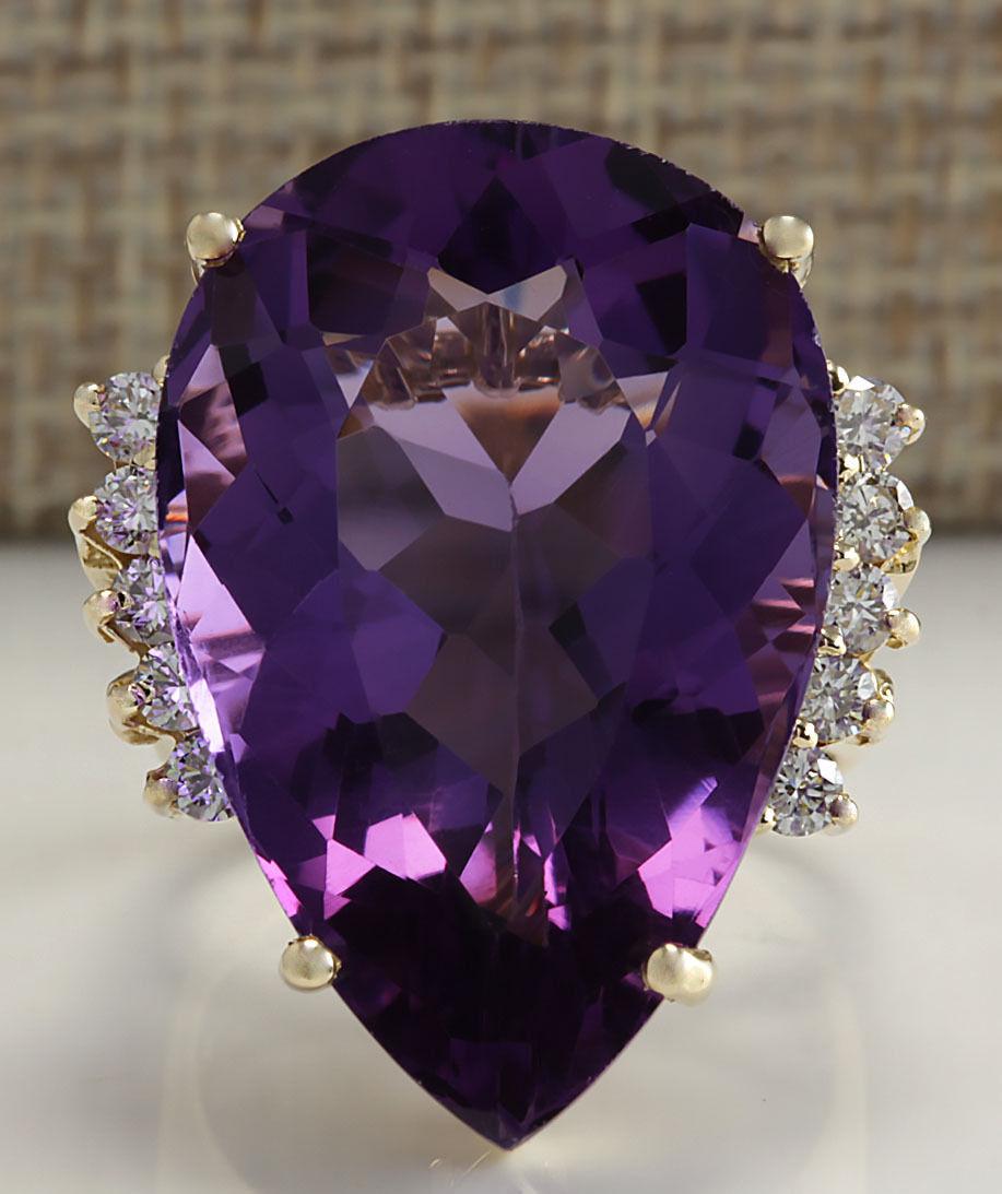Natural 30.25 CT Amethyst Diamond Ring 18K Yellow Gold: Stamped: 18K Yellow Gold Total Ring Weight: 8.5 Grams Ring Length: N/A Ring Width: N/A Gemstone Weight: Total Natural Amethyst Weight is 29.70 Carat (Measures: 26.88x17.74 mm) Treatment: Heating C