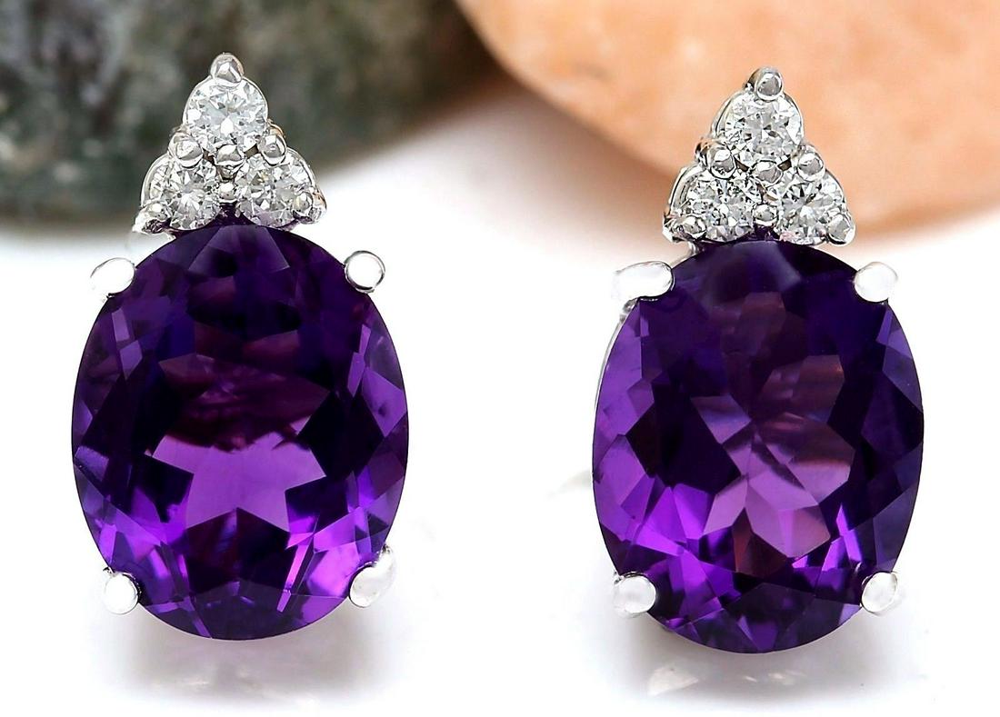 6.02 Carat Amethyst 18K White Gold Diamond Stud Earrings: 6.02 Carat Natural Amethyst 18K Solid White Gold Diamond Stud EarringsItem Type: EarringsItem Style: StudItem Length: 14.30 mmItem Width: 8.03 mmMaterial: 18K White GoldMainstone: AmethystStone Color: