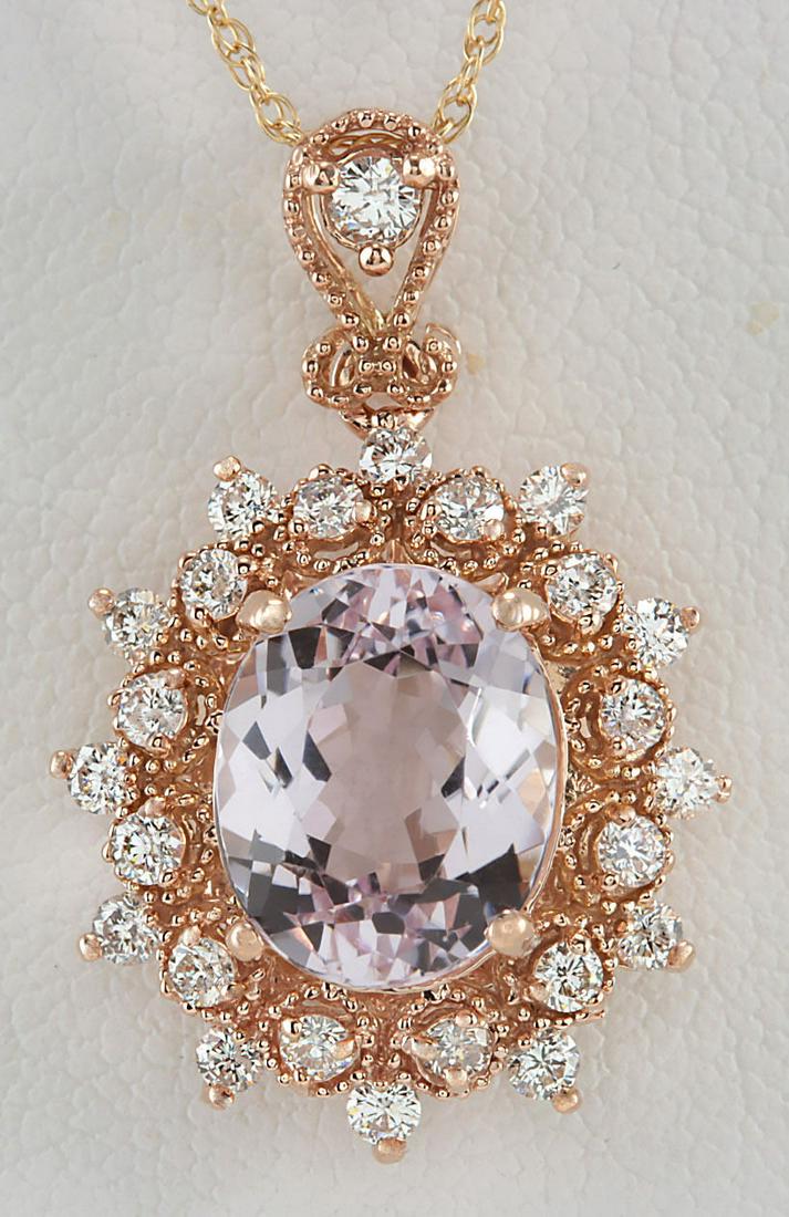 4.79 Carat Natural Morganite And Diamond Pendant In 14K Solid Rose Gold: Stamped: 14K Total Pendant Weight: 4Grams Diamond Weight: Total natural diamond weight is .75carat. VS2-SI1 clarity / F-G color Center Gemstone Weight: Total Natural Morganite Weight is 4.04ctw (Measu