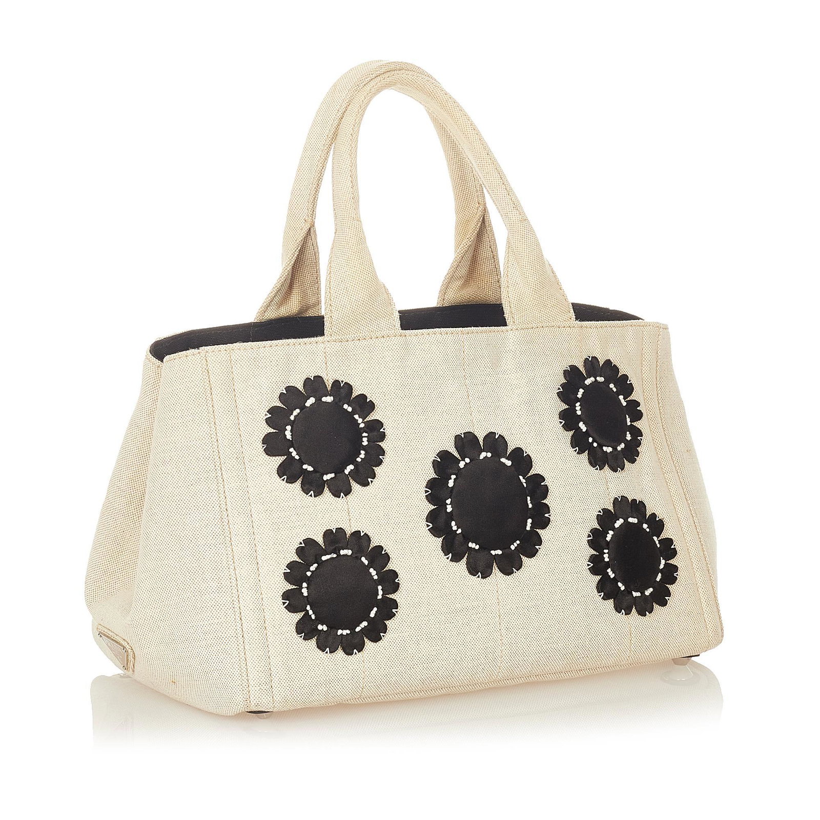 Prada Canapa Floral Handbag (SHG-w98wZo): Prada Canapa Floral Handbag (SHG-w98wZo) / / Condition Quality: Fair / / Color: Black/White / / Height: 8.75 in. / / Length: 1.5 in. / / Material: Canvas / / Width: 8.5 in. / / Item Condition: Pre Own