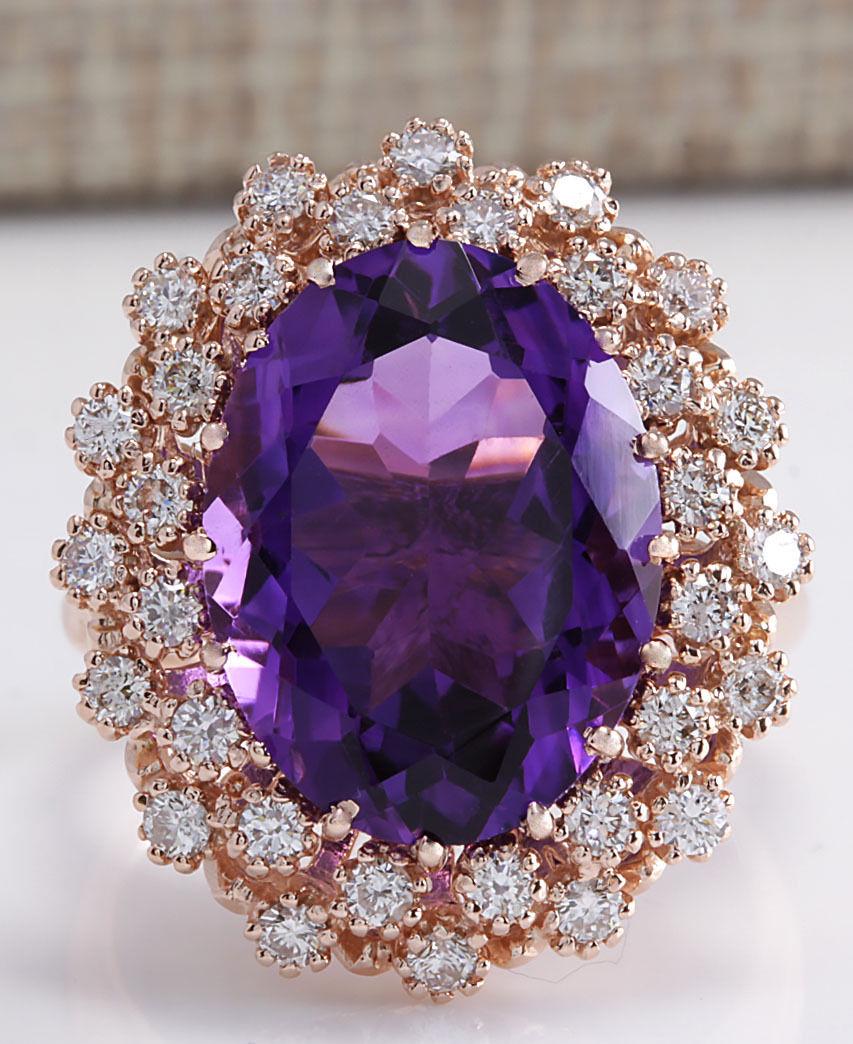 9.19CTW Natural Amethyst And Diamond Ring In 18K Solid Rose Gold: Stamped: 18K Ring Size: 7 Total Ring Weight: 9.19 Grams Diamond Weight: Total natural diamond weight is .85carat. SI1-SI2 clarity / F-G color Gemstone Weight: Total Natural Amethyst Weight is 8.34ctw 