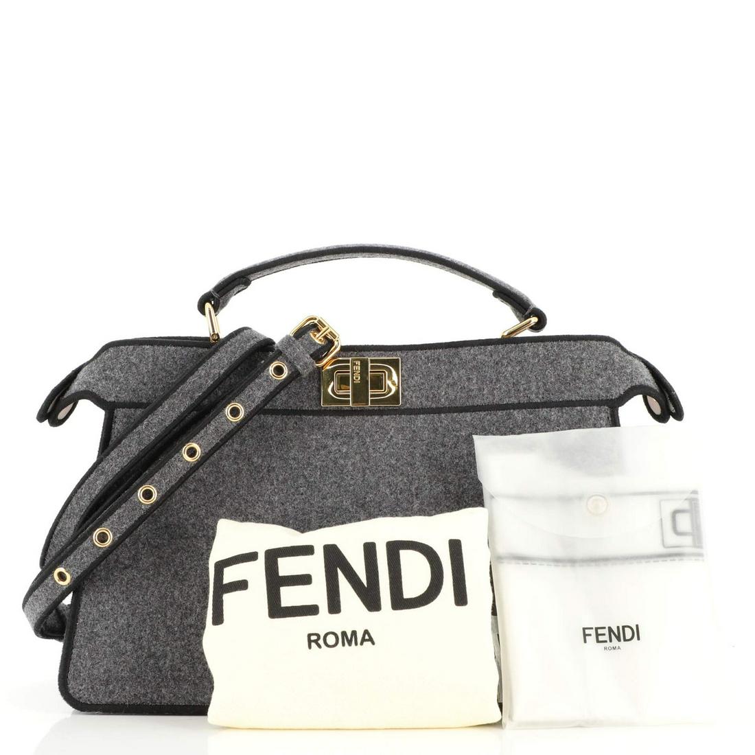 Fendi Peekaboo ISeeU Bag Flannel East West: Fendi Peekaboo ISeeU Bag Flannel East West / / Exterior Color: Gray / / Interior Color: Pink / / Exterior Material: Wool / / Interior Material: Satin / / Hardware Color: Gold / / Accessories: Dust bag
