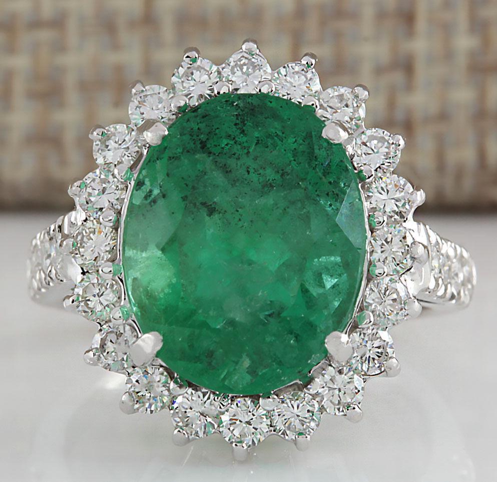 8.93 Carat Natural Colombian Emerald And Diamond Ring In 14K White Gold: Stamped: 14K Ring Size: 7 Total Ring Weight: 7.3 Grams Diamond Weight: Total natural diamond weight is 1.60carat. VS2-SI1 clarity / F-G color Gemstone Weight: Total Natural Emerald Weight is 7.33ctw (