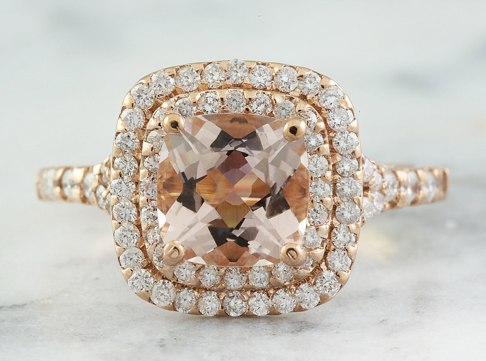 2.25 Carat Morganite 18K Rose Gold Diamond Ring: Stamped: 18K Ring Size: 7 Total Ring Weight: 3.3 Grams Morganite Weight: 1.45 Carat (7.20x7.20 Millimeter) Diamond Weight: 0.80 Carat (F-G Color, VS2-SI1 Clarity Face Measures: 12.15x11.90 Millimeter