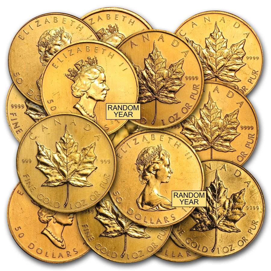 1 oz Gold Canadian Maple Leaf (Abrasions): 1 oz Gold Canadian Maple Leaf (Abrasions) // Product ID: 29910 // Year: Random // Grade: Uncirculated // Grade Service: None // Denomination: $50.00 // Mint Mark: RCM (Not Shown) // Metal Content: 1 t