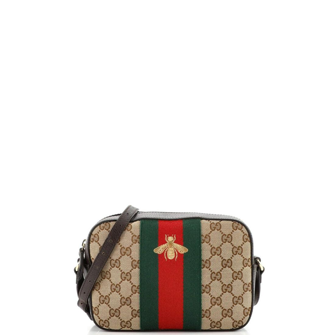 Gucci Bee Web Camera Bag GG Canvas: Gucci Bee Web Camera Bag GG Canvas // Exterior Color: Brown // Interior Color: Neutral // Exterior Material: Canvas Plain // Interior Material: Fabric // Hardware Color: Gold Tone // Accessories: No A
