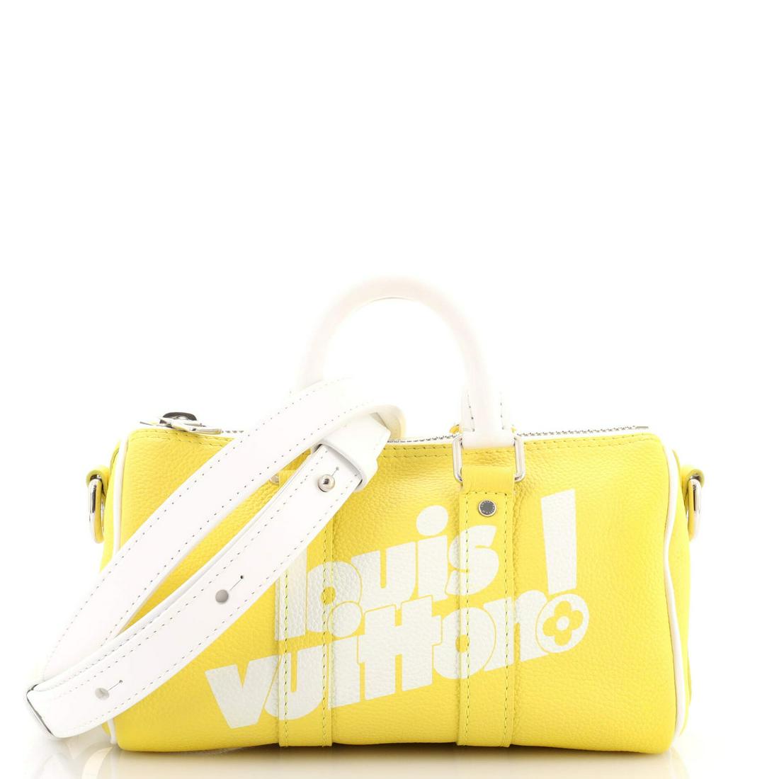 Louis Vuitton Keepall Bandouliere Bag Everyday Signature Printed Leather XS: Louis Vuitton Keepall Bandouliere Bag Everyday Signature Printed Leather XS // Exterior Color: Yellow // Interior Color: Yellow // Exterior Material: Leather // Interior Material: Fabric // Hardware C