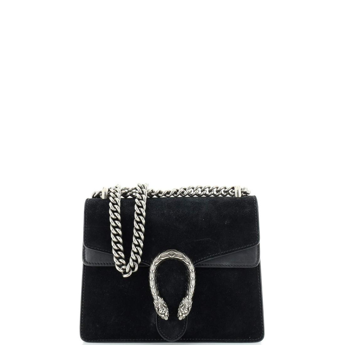 Gucci Dionysus Bag Suede Mini: Gucci Dionysus Bag Suede Mini // Exterior Color: Black // Interior Color: Black // Exterior Material: Suede // Interior Material: Leather // Hardware Color: Aged Silver // Accessories: No Accessories