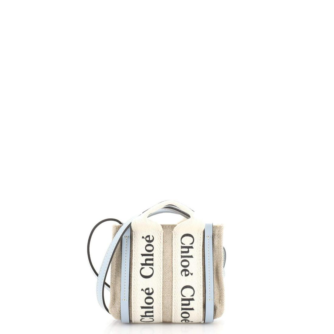 Chloe Woody Convertible Tote Canvas with Leather Nano: Chloe Woody Convertible Tote Canvas with Leather Nano // Exterior Color: Blue, Neutral // Interior Color: Neutral // Exterior Material: Canvas Plain, Leather // Interior Material: Canvas Plain // Acce