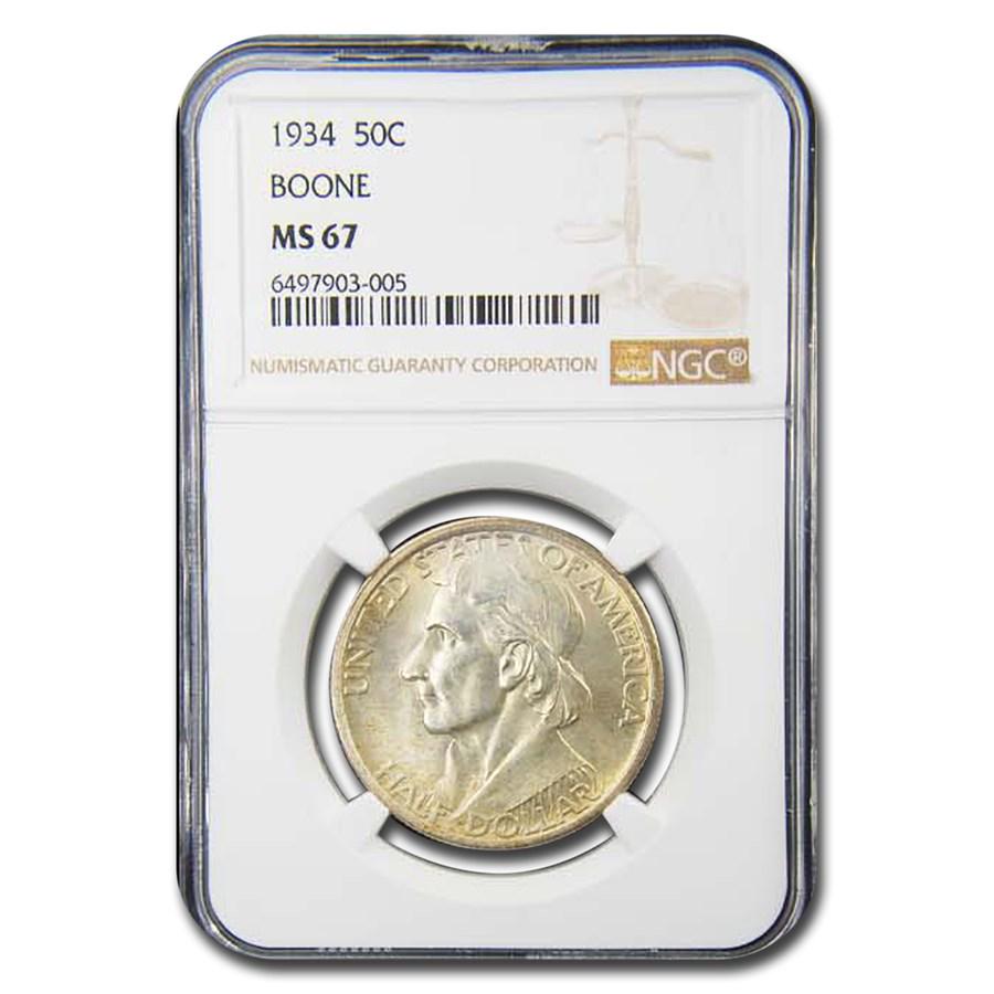 1934 Daniel Boone Bicentennial Half Dollar MS-67 NGC: 1934 Daniel Boone Bicentennial Half Dollar MS-67 NGC // Product ID: 233313 // Year: 1934 // Grade Service: NGC // Denomination: $0.50 // Metal Content: 0.3617 troy oz // Purity: .900 // Diameter: 30.6
