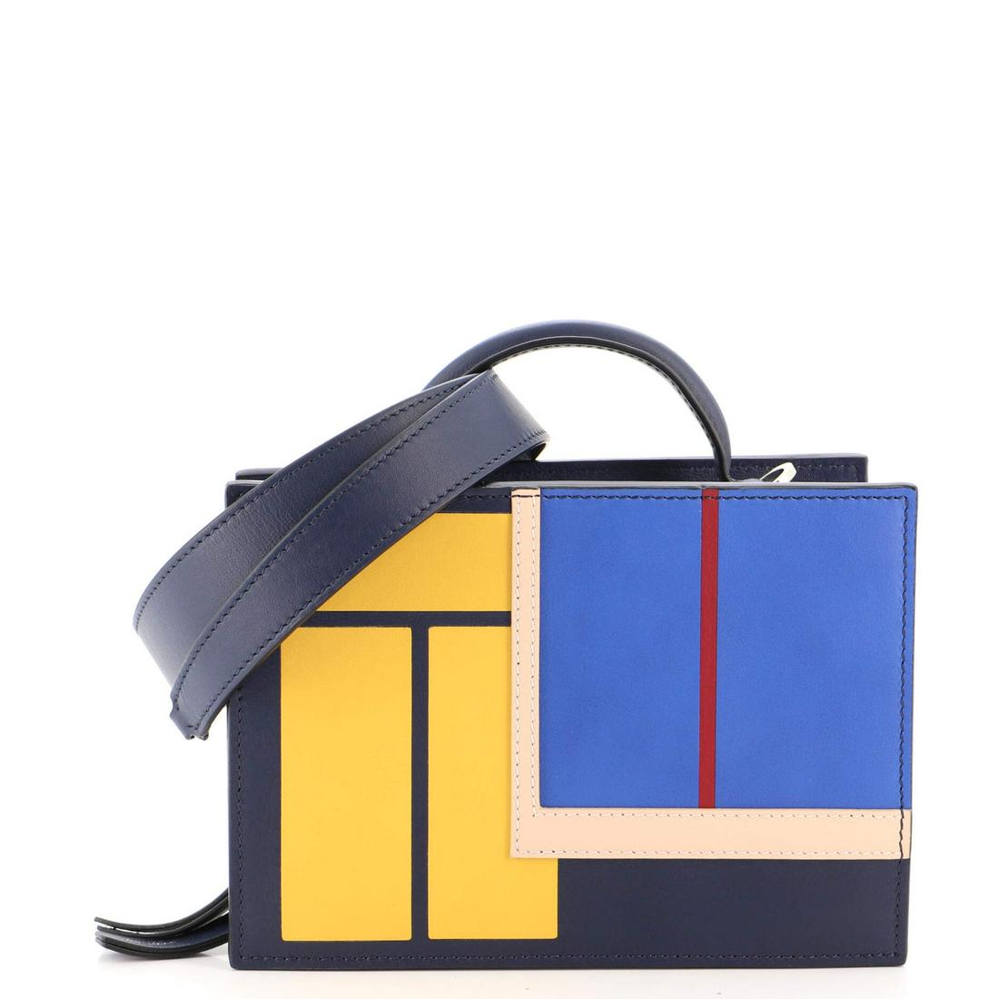 Mark Cross Open The Window Bag Leather Small: Mark Cross Open The Window Bag Leather Small // Exterior Color: Blue, Yellow, Multicolor // Interior Color: Brown // Exterior Material: Leather // Interior Material: Satin // Hardware Color: Silver //