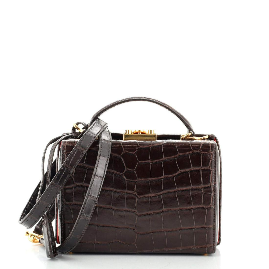 Mark Cross Grace Box Bag Crocodile Small: Mark Cross Grace Box Bag Crocodile Small // Exterior Color: Brown // Interior Color: Red // Exterior Material: Crocodile, Exotic // Interior Material: Leather // Hardware Color: Gold // Accessories: C