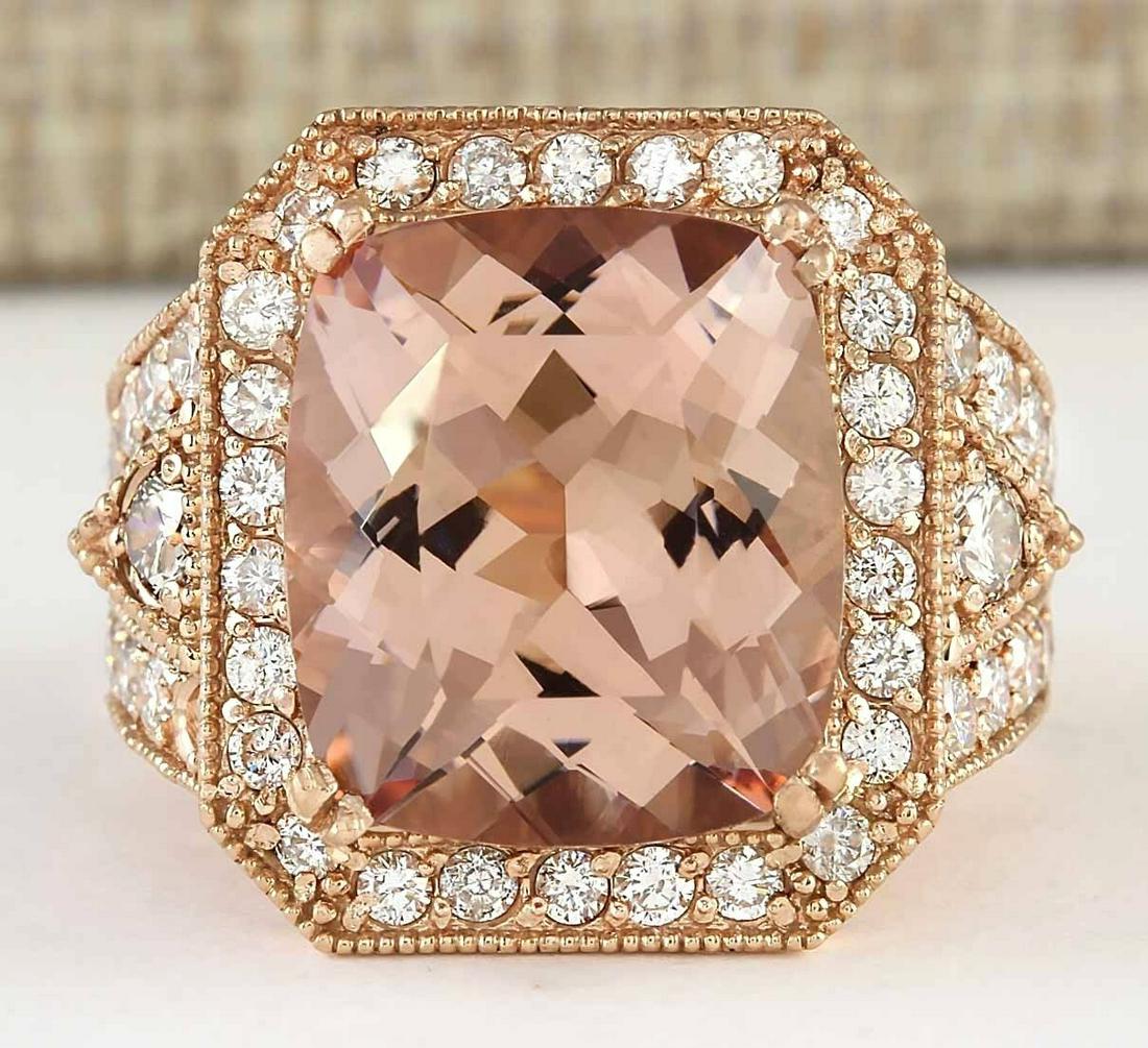 12.34 Carat Natural Morganite And Diamond Ring In 18K Rose Gold: 12.34 Carat Natural Morganite And Diamond Ring In 18K Rose Gold Stamped: 18K Ring Size: 6.75 Total Ring Weight: 14 Grams Diamond Weight: Total natural diamond weight is 1.70carat. VS2-SI1 clarity / G-