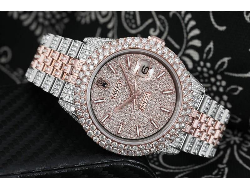 Rolex Datejust Two Tone Rose & Steel 36MM Index Pave Dial Custom Diamond Watch: Rolex Datejust Two Tone Rose & Steel 36MM Index Pave Dial Custom Diamond Watch // SKU No: RDY0510-E21A8 // Brand: Rolex // Condition: Pre-Owned // Genuine Rolex watch with 100% natural diamonds that h
