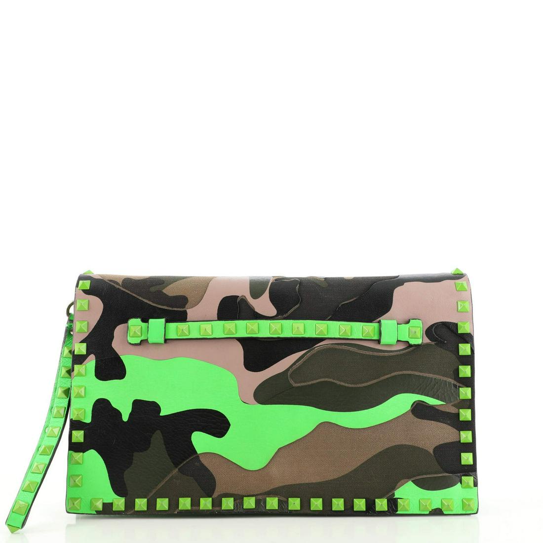 Valentino Garavani Rockstud Flap Clutch Camo Leather And Canvas