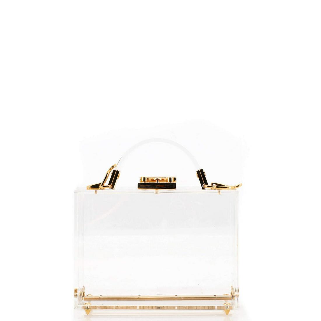 Mark Cross Grace Box Bag Pexiglass and Leather Small: Mark Cross Grace Box Bag Pexiglass and Leather Small // Exterior Color: Clear // Interior Color: Clear // Exterior Material: Plexiglass // Interior Material: Acrylic // Hardware Color: Gold // Accesso