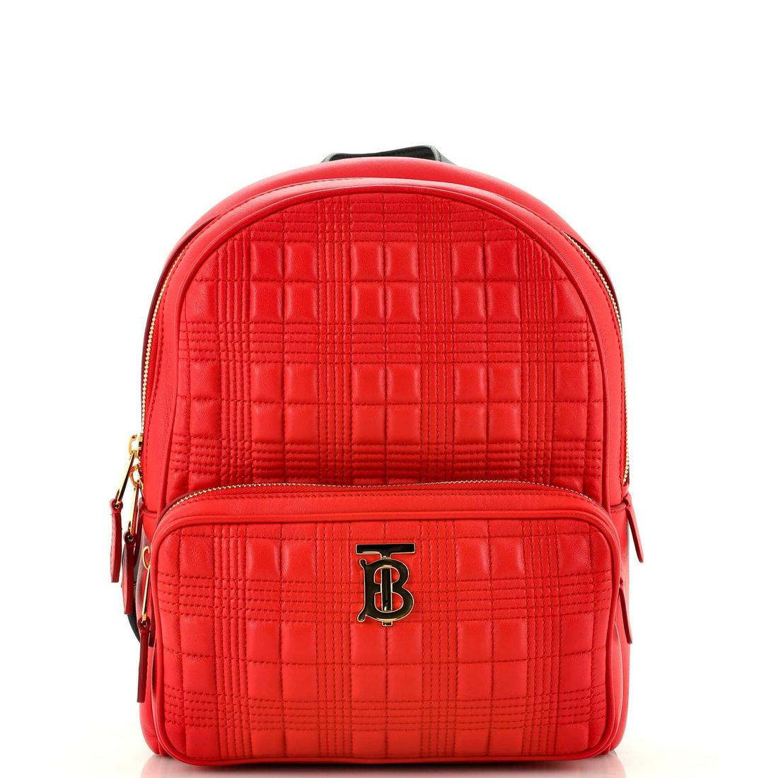 Burberry TB Zip Pocket Backpack Quilted Lambskin Medium: Burberry TB Zip Pocket Backpack Quilted Lambskin Medium // Exterior Color: Red // Interior Color: Black // Exterior Material: Leather // Interior Material: Fabric // Hardware Color: Gold // Accessorie