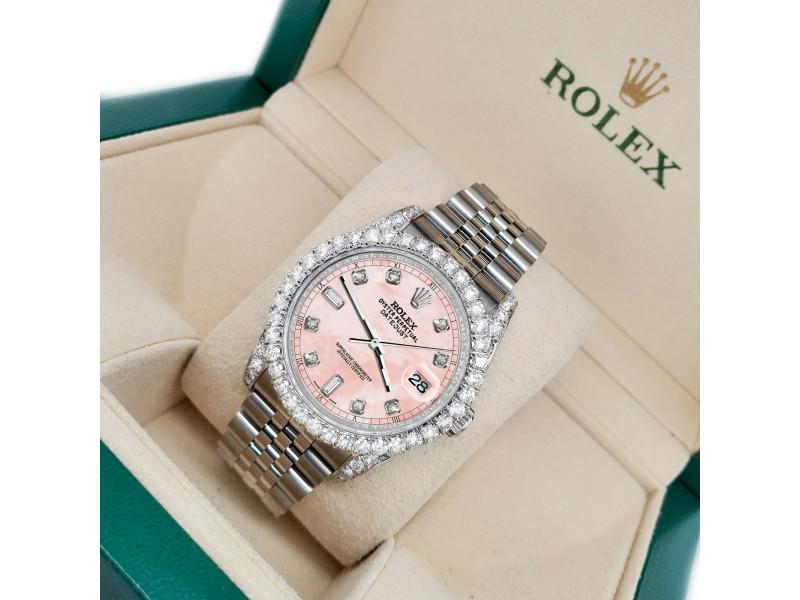 Rolex Datejust 36mm 4CT Diamond Bezel/Lugs/Royal Pink 6+9 Baguette Dial: Rolex Datejust 36mm 4CT Diamond Bezel/Lugs/Royal Pink 6+9 Baguette Dial // Product Code: 255485325901-E // Brand: Rolex // Condition: Pre-Owned // Model: Datejust // Item Specifics:Band Material: Stai