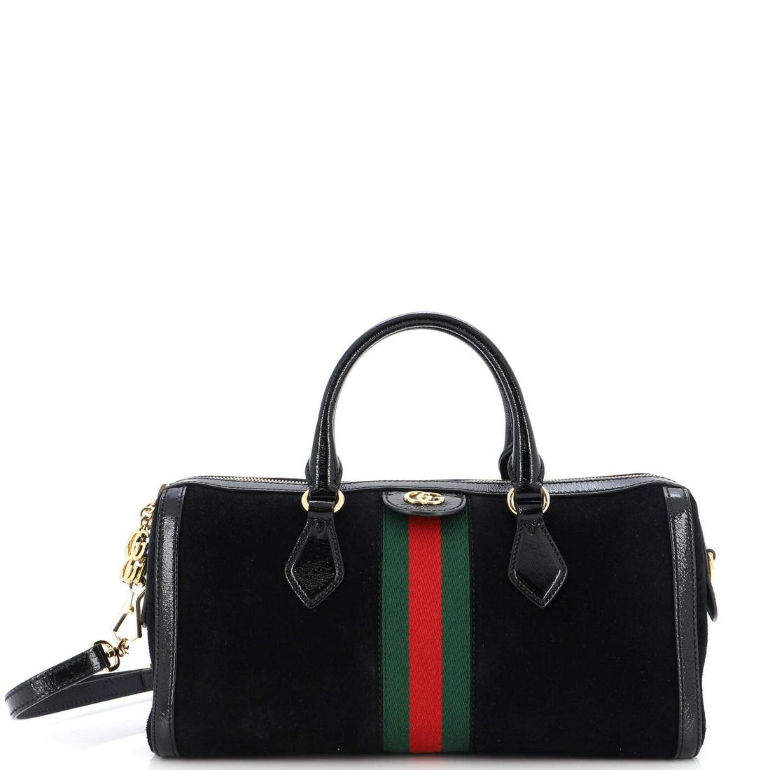 Gucci Ophidia Boston Bag Suede Medium: Gucci Ophidia Boston Bag Suede Medium Exterior Color: Black Interior Color: Neutral Exterior Material: Suede Interior Material: Microfiber Hardware Color: Gold Accessories: Detachable Strap <b