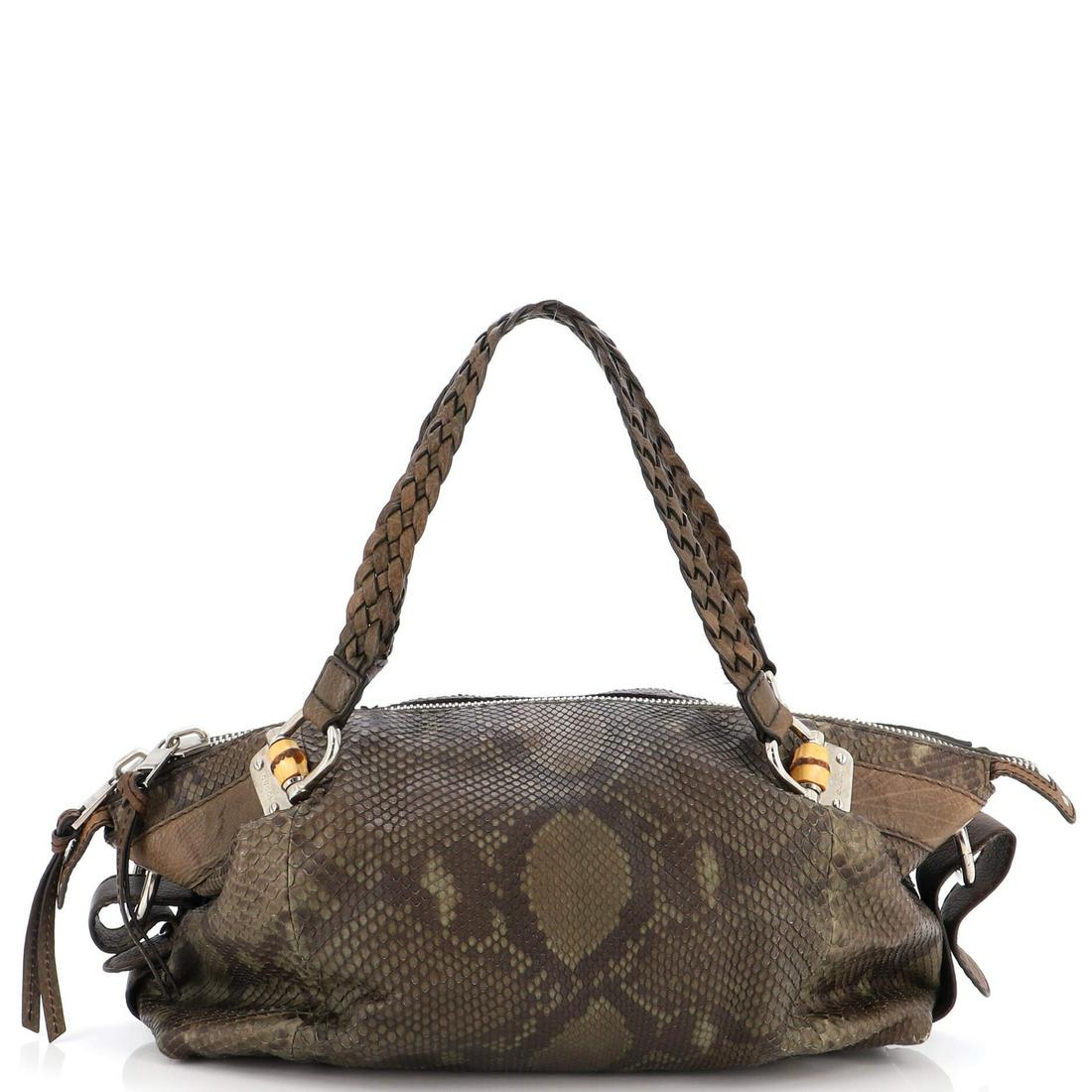 Gucci Bamboo Bar Shoulder Bag Python Large: Gucci Bamboo Bar Shoulder Bag Python Large Exterior Color: Brown, Green Interior Color: Green Exterior Material: Python, Exotic Interior Material: Leather Hardware Color: Silver Accessories: No Ac