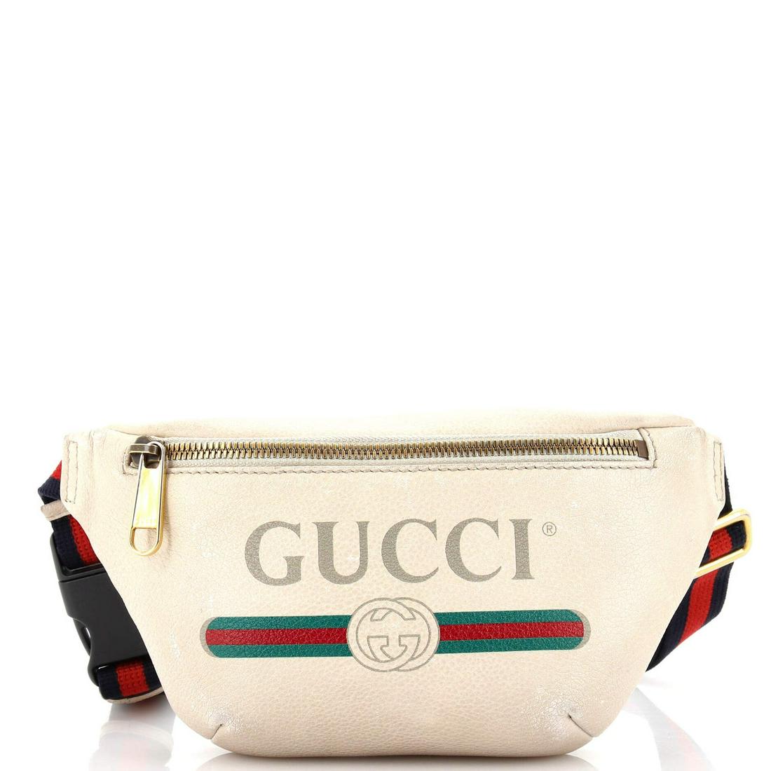 Gucci Logo Belt Bag Printed Leather Small: Gucci Logo Belt Bag Printed Leather Small ---- Exterior Color: White ---- Interior Color: Neutral ---- Exterior Material: Leather ---- Interior Material: Fabric ---- Hardware Color: Aged Gold ---- SKU