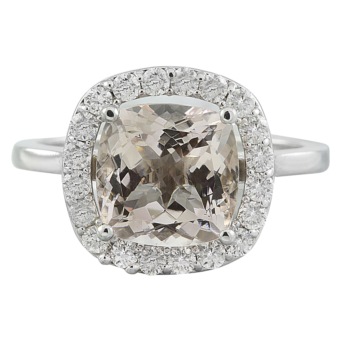 3.56 Carat Morganite 14K White Gold Diamond Ring: 3.56 Carat Morganite 14K White Gold Diamond Ring Stamped: 14K Total Ring Weight: 4.1 Grams Morganite Weight 3.06 Carat (9.00x9.00 Millimeters) Diamond Weight: 0.50 carat (F-G Color, VS2-SI1 Clarity )