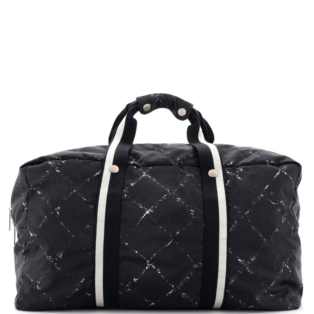 Chanel Travel Line Duffle Bag Printed Nylon Large: Chanel Travel Line Duffle Bag Printed Nylon Large ---- Exterior Color: Black, Print ---- Interior Color: Red ---- Exterior Material: Nylon ---- Interior Material: Nylon ---- Hardware Color: Silver ---